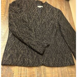 Coldwater Creek Blazer XL (18) Navy Geometric Gold Embroidered Open Jacket Lined